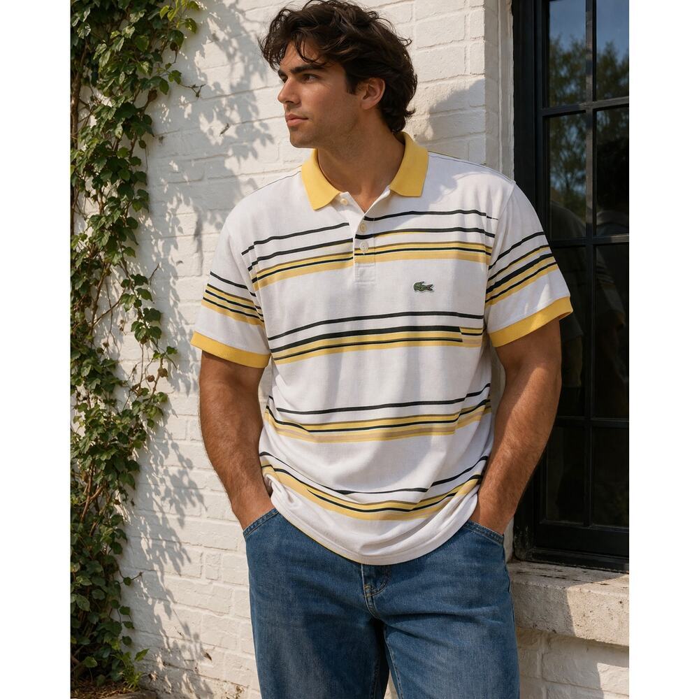 Vintage Lacoste Polo Shirt Yellow White Stripe Crocodile Logo Mens Large France